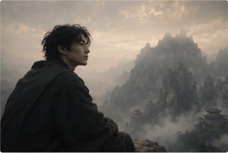 Portrait study above a misty mountain landscape